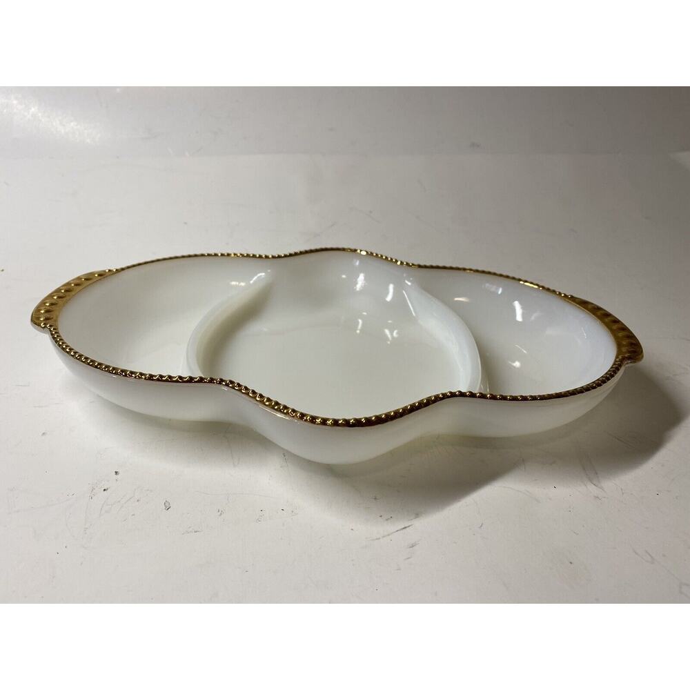 Vintage Fire King Divided Relish Serving Dish White Milk Glass Hobnail Gold Trim